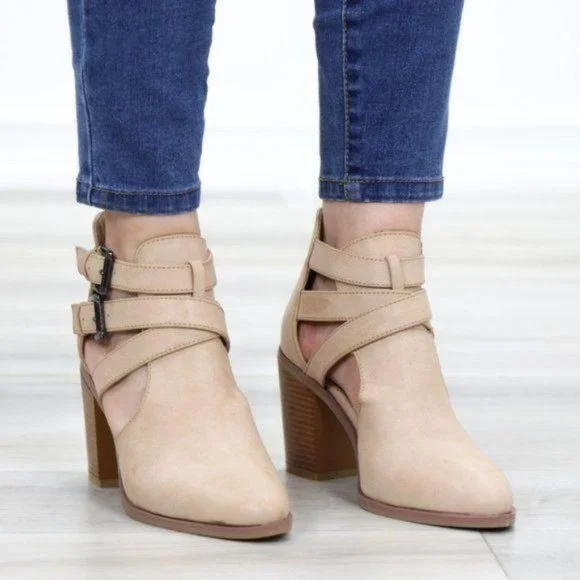 Strappy Taupe Pointy Toe Ankle Boots Faux Leather - Picture 8 of 11
